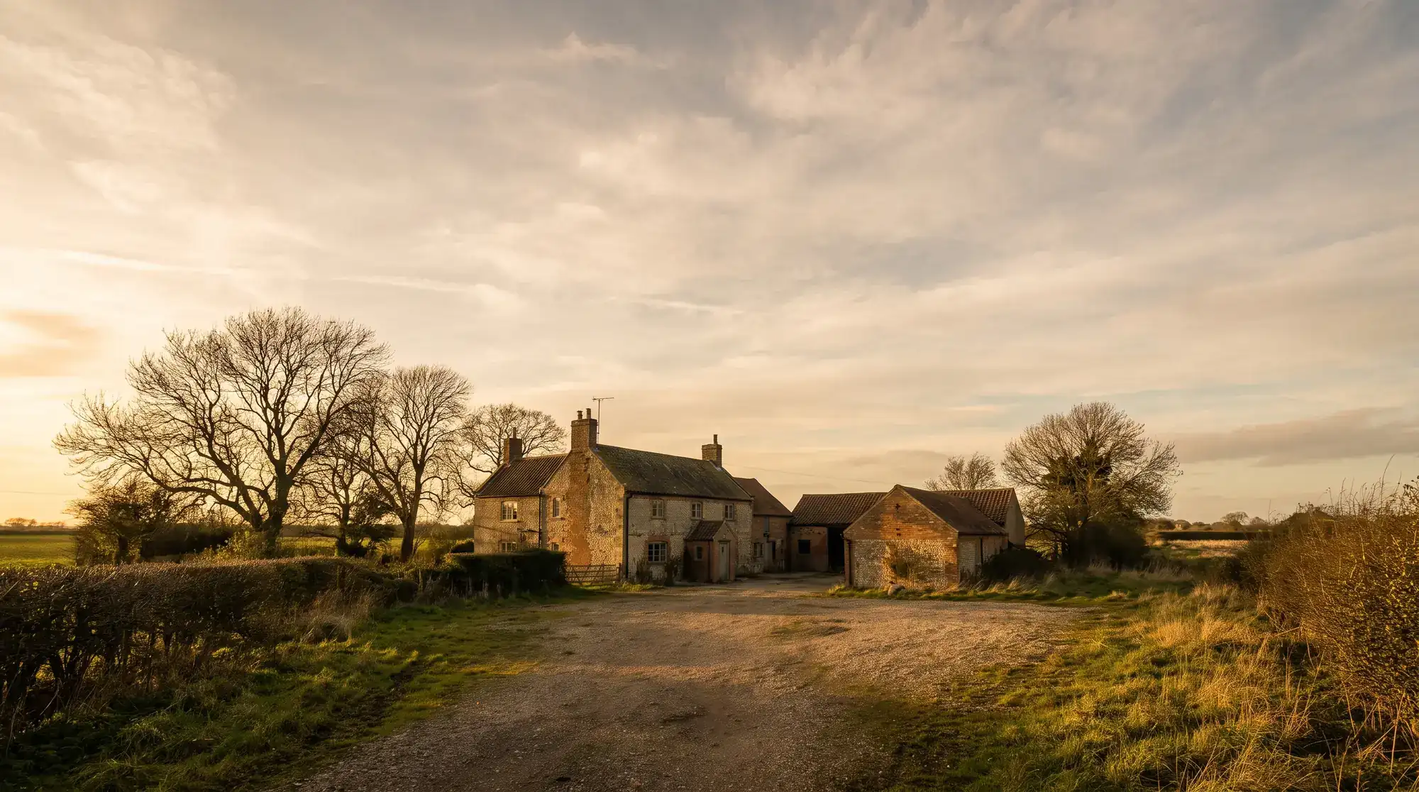 A long-standing Lincolnshire farmhouse and quiet yard at golden hour, near Bicker