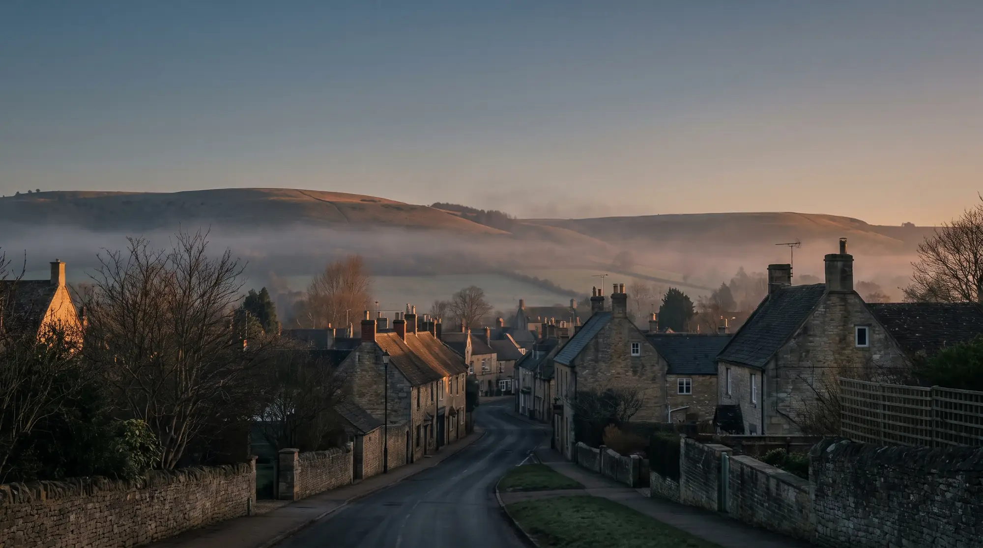 The market town of Horncastle below the misty Lincolnshire Wolds at dawn