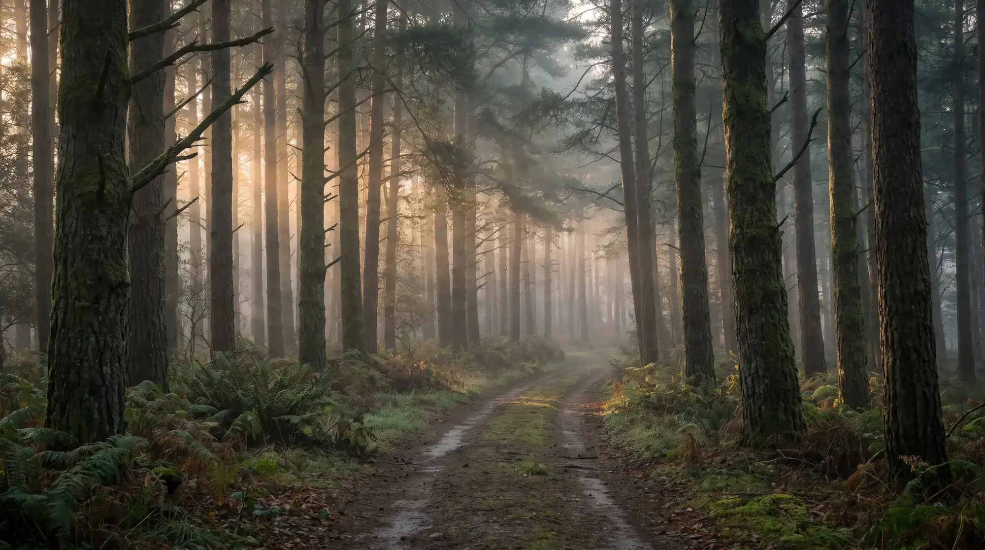 A misty pinewood lane at Woodhall Spa in the early morning light