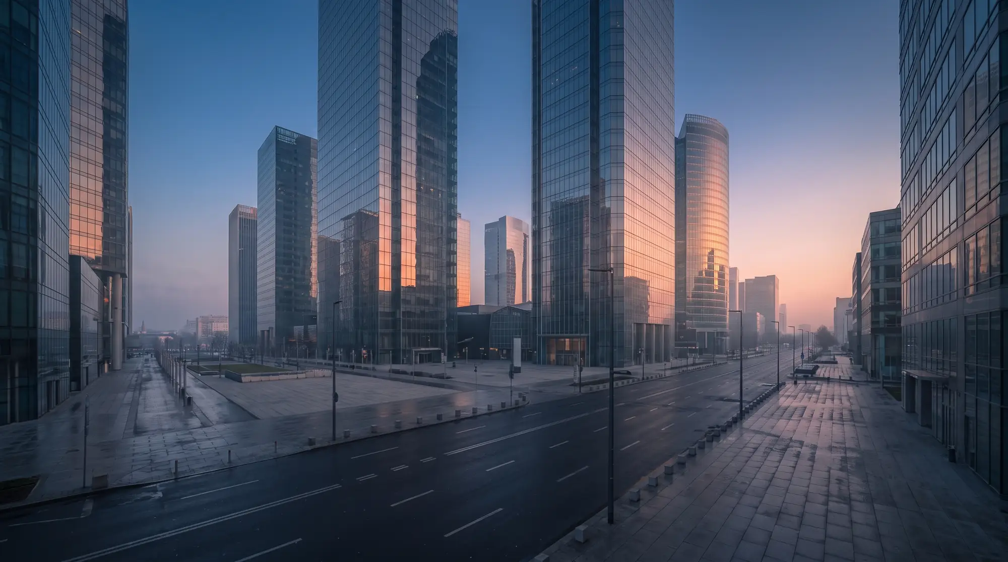 A modern city business district at blue-hour dawn, quiet and composed