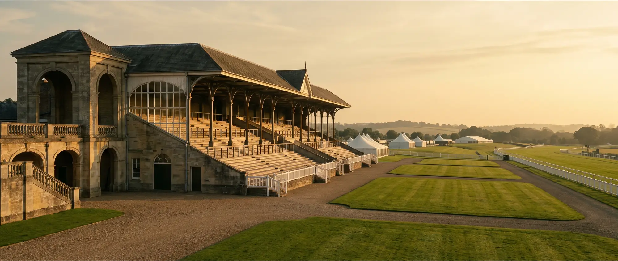 An elegant racecourse grandstand and green lawns at golden hour